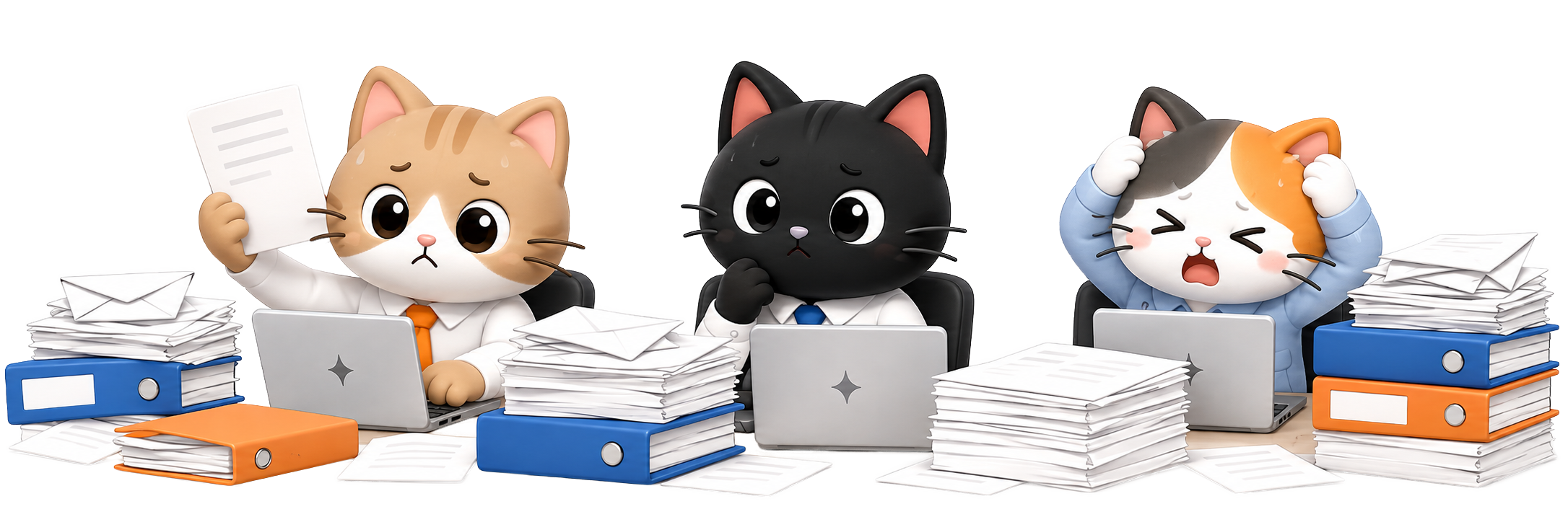 書類整理に困っている猫たちがデスクで業務を見直しているイメージ